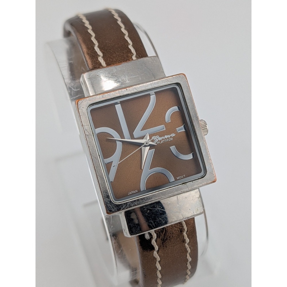 Geneva Platinum Women's Watch Brown Bangle Cuff Band Silver Case- New Battery